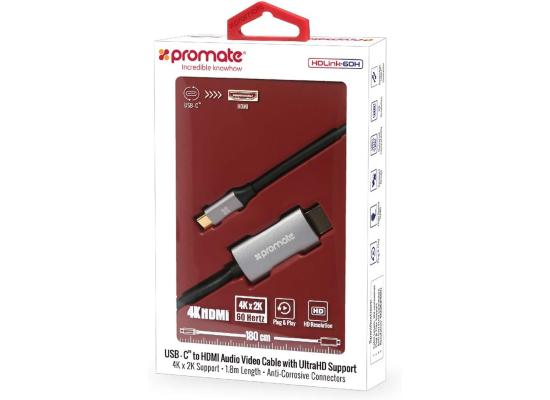Promate HDLink-60H USB-C to HDMI Cable Premium USB Type-C to 4K 60Hz HDMI Cable Adapter (Thunderbolt 3 Compatible) with UHD Support 1.8m Cable - Gray