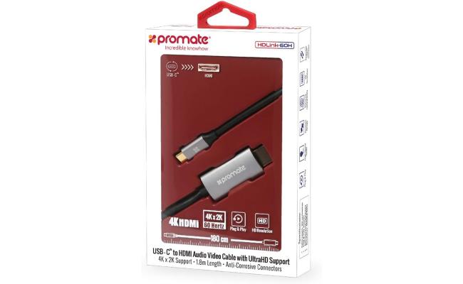 Promate HDLink-60H USB-C to HDMI Cable Premium USB Type-C to 4K 60Hz HDMI Cable Adapter (Thunderbolt 3 Compatible) with UHD Support 1.8m Cable - Gray