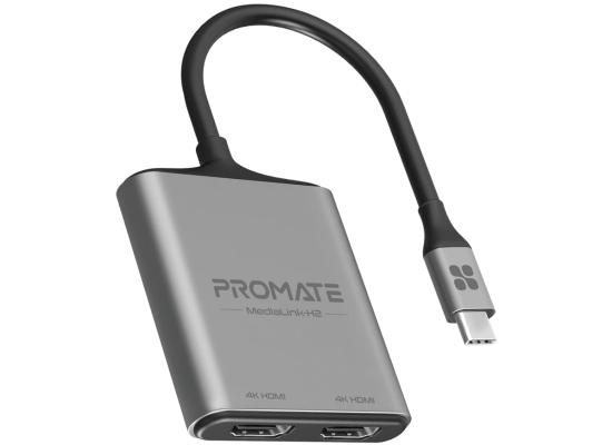 Promate MediaLink-H2 USB-C to Dual HDMI Adapter 4K HDR Thunderbolt 4 For MacBook Air/Pro, iPad Pro, Surface , Galaxy, Chromebook