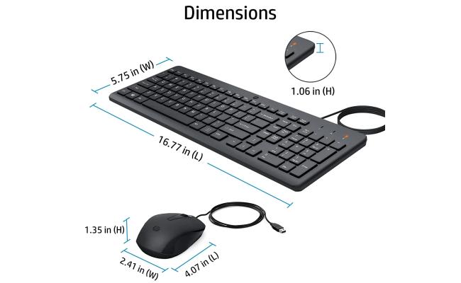 HP 150 Wired Keyboard & Mouse Combo USB 12 Shortcut Keys 6° Adjustable Slope Keyboard & 1600 DPI Optical Sensor Mouse