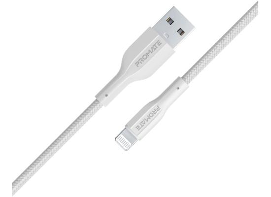 Promate XCord-Ai USB-A to Lightning Cable Super-Fast Charger 1M Anti-Tangle Silicone Cord - White