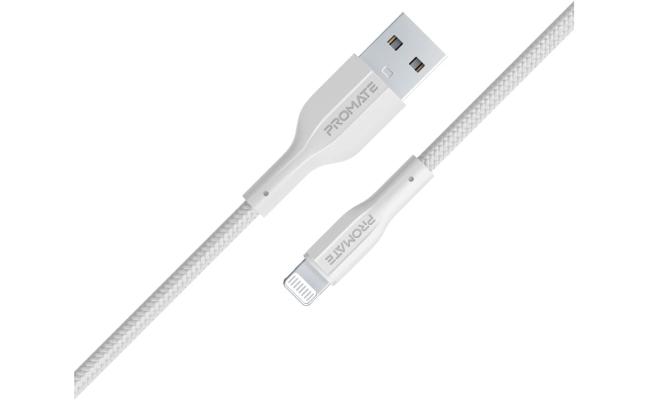 Promate XCord-Ai USB-A to Lightning Cable Super-Fast Charger 1M Anti-Tangle Silicone Cord - White