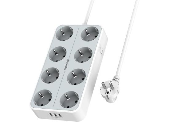 Promate PowerCord8EU-2M Premium 11-in-1 Power Socket 8x 4000W AC Sockets 3x USB Intellicharge Ports 2m Cable - White