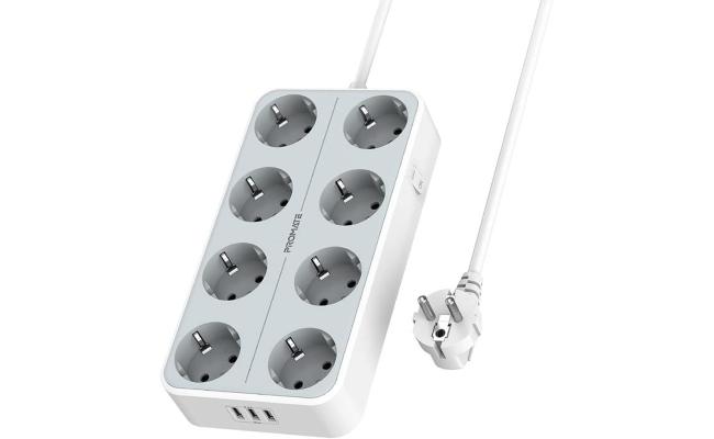 Promate PowerCord8EU-2M Premium 11-in-1 Power Socket 8x 4000W AC Sockets 3x USB Intellicharge Ports 2m Cable - White