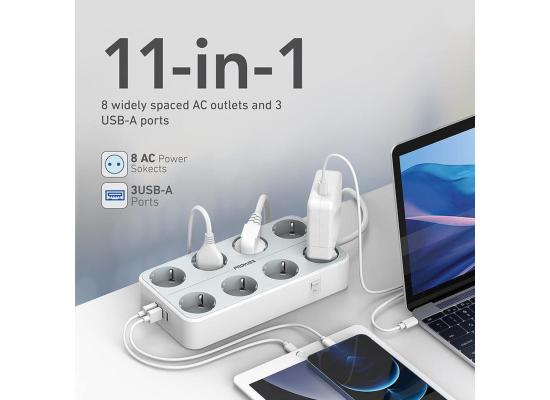 Promate PowerCord8EU-4M Premium 11-in-1 Power Socket 8x 4000W AC Sockets 3x USB Intellicharge Ports 4m Cable - White