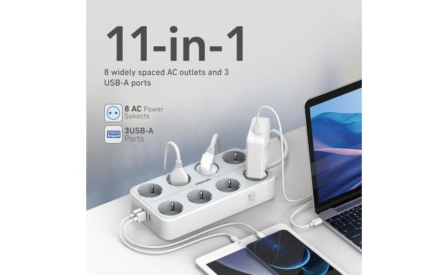 Promate PowerCord8EU-4M Premium 11-in-1 Power Socket 8x 4000W AC Sockets 3x USB Intellicharge Ports 4m Cable - White