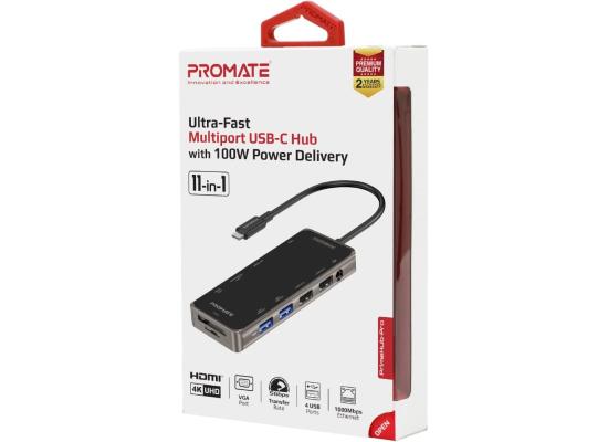 Promate PrimeHub-Pro 11 In 1 Type-C Adapter 100W USB-C Power Delivery 4K HDMI, VGA Port, RJ45 Port, AUX, TF/SD Card Slot & 4 USB