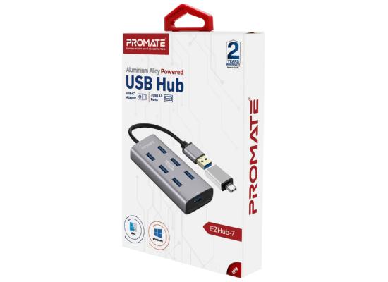 Promate EzHub-7 7 In 1 Aluminium Alloy Powered USB Hub 7 USB 3.0 Ports USB-C Adaptor 5Gbps Transfer Rate Data & Charge