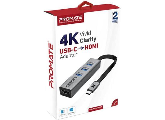 Promate MediaHub-C3 Aluminum USB-C to HDMI Adapter Ultra-Compact Type-C to 4K 30Hz HDMI Hub w/ 3 USB 3.0 Sync Charge 5Gbps Ports