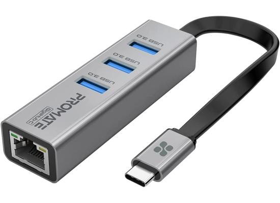Promate GigaHub-C USB-C to Ethernet Adapter Hub Aluminum USB-C Hub to 10/100/1000Mbps Ethernet Port 5 Gbps Sync Charge 3x USB 3.0 Ports