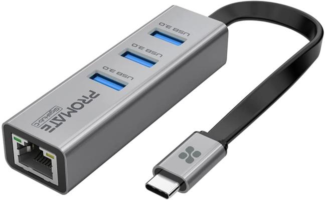 Promate GigaHub-C USB-C to Ethernet Adapter Hub Aluminum USB-C Hub to 10/100/1000Mbps Ethernet Port 5 Gbps Sync Charge 3x USB 3.0 Ports