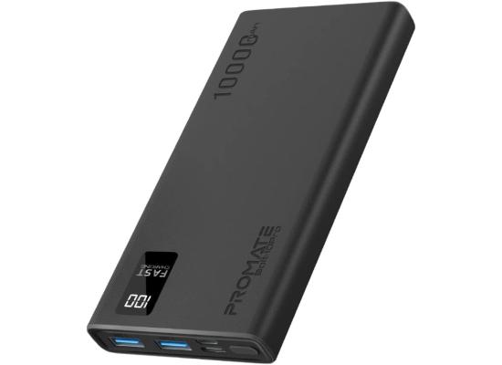 Promate Bolt-10Pro Power Bank 10000mAh Ultra-Slim 10W USB-C Input/Output Dual USB LED Screen Over-Heating Protection - Black