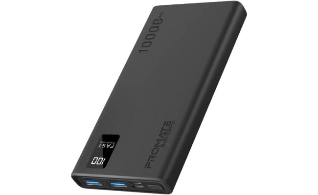 Promate Bolt-10Pro Power Bank 10000mAh Ultra-Slim 10W USB-C Input/Output Dual USB LED Screen Over-Heating Protection - Black