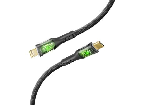 Promate TransLine-Ci USB-C to Lightning Cable Premium 27W Power Delivery w/ Transparent Shells 480Mbps Data Sync  120cm Nylon Braided Cord - Black