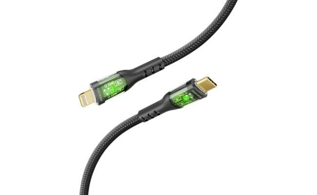 Promate TransLine-Ci USB-C to Lightning Cable Premium 27W Power Delivery w/ Transparent Shells 480Mbps Data Sync  120cm Nylon Braided Cord - Black