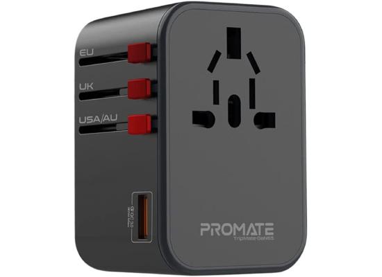 Promate Gan65 Travel Charge Adapter with 1840W AC Socket 65W Dual USB-C Power Delivery Ports 30W QC 3.0 Port & 8A Surge Protect