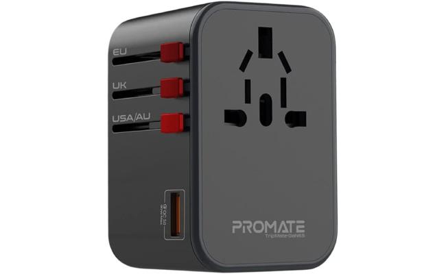 Promate Gan65 Travel Charge Adapter with 1840W AC Socket 65W Dual USB-C Power Delivery Ports 30W QC 3.0 Port & 8A Surge Protect
