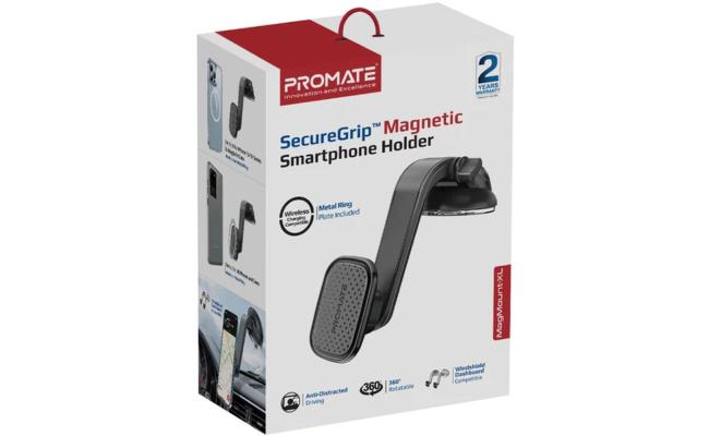 Promate MagMount-XL Car Phone Holder Magnetic Stick-On 360 Degree Cradle-Free Design Anti-Slip Grip & Magnetic Ring - Black