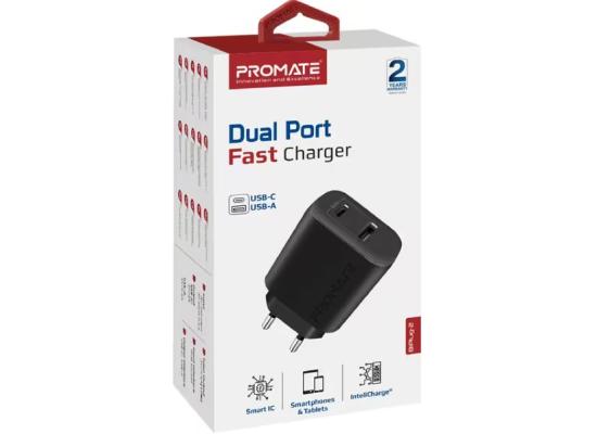 Promate BiPlug-2 USB-C Adapter Universal 17W Multi-Port Wall Charger with 5V/3A Type-C Port & 5V/2.4A USB-A Port EU Outlet - Black