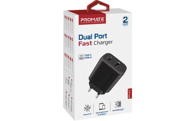Promate BiPlug-2 USB-C Adapter Universal 17W Multi-Port Wall Charger with 5V/3A Type-C Port & 5V/2.4A USB-A Port EU Outlet - Black