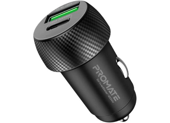Promate DriveGear-20W Mini Car Charger Ultra Fast Charging 20W Dual USB-C & Quick Charge 3.0 Compact Form Factor
