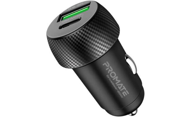 Promate DriveGear-20W Mini Car Charger Ultra Fast Charging 20W Dual USB-C & Quick Charge 3.0 Compact Form Factor