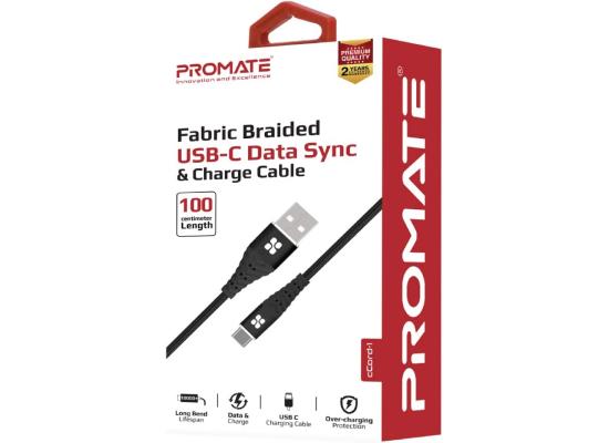 Promate cCord-1 USB-C Cable 2.4A Fast Charging Fabric Braided USB Type-C Cable - Black