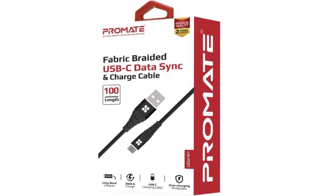Promate cCord-1 USB-C Cable 2.4A Fast Charging Fabric Braided USB Type-C Cable - Black Promate cCord-1 USB-C Cable 2.4A Fast Charging Fabric Braided USB Type-C Cable - Black