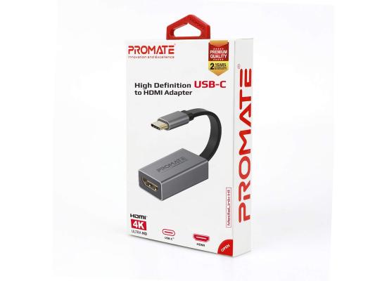 Promate MediaLink-H1 Type-C to HDMI Adapter 4K 30Hz Video Converter w/ Audio Output - Grey