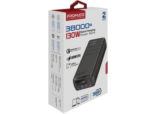Promate PowerMine-130 38000mAh 130W Quick Charging Power Bank For Laptops Tablets Smartphones w/ Circuits Protect