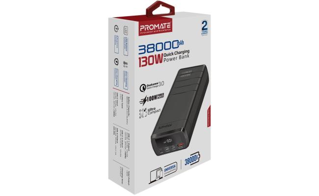 Promate PowerMine-130 38000mAh 130W Quick Charging Power Bank For Laptops Tablets Smartphones w/ Circuits Protect