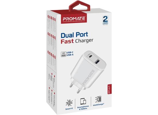 Promate BiPlug-2 USB-C Adapter Universal 17W Multi-Port Wall Charger with 5V/3A Type-C Port & 5V/2.4A USB-A Port EU Outlet - White