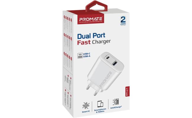 Promate BiPlug-2 USB-C Adapter Universal 17W Multi-Port Wall Charger with 5V/3A Type-C Port & 5V/2.4A USB-A Port EU Outlet - White Promate BiPlug-2 USB-C Adapter Universal 17W Multi-Port Wall Charger with 5V/3A Type-C Port & 5V/2.4A USB-A Port EU Outlet - White