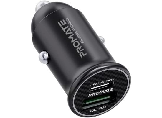 Promate Bullet-PD60 60W USB-C Car Charger Super-Fast Type-C w/ 18W Quick Charge 3.0 USB Port Aluminum Alloy & Over Charging Protection