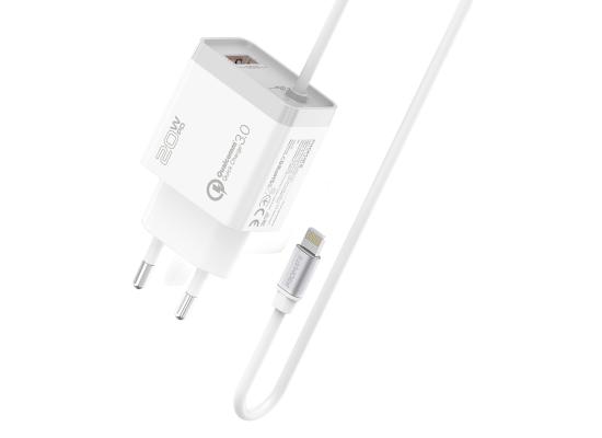Promate ICharge-PDQC3 iPhone Wall Fast Charging 20W Power 1.5m Lightning Cable w/ Quick Charge 3.0 Port EU Outlet  - White