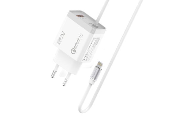 Promate ICharge-PDQC3 iPhone Wall Fast Charging 20W Power 1.5m Lightning Cable w/ Quick Charge 3.0 Port EU Outlet  - White