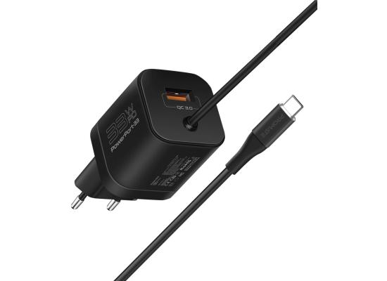 Promate ICharge-PDQC3 iPhone Wall Fast Charging 20W Power 1.5m Lightning Cable w/ Quick Charge 3.0 Port EU Outlet  - Black