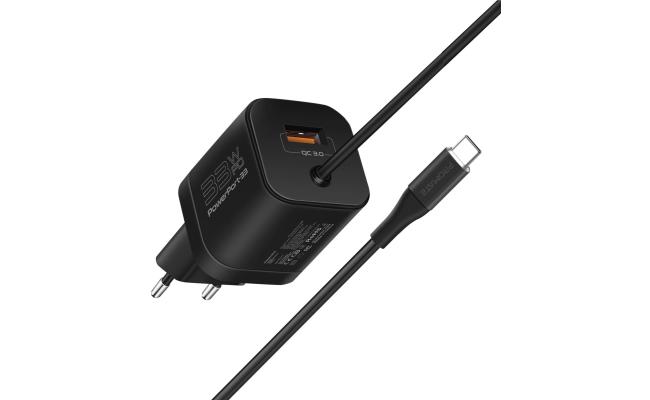 Promate ICharge-PDQC3 iPhone Wall Fast Charging 20W Power 1.5m Lightning Cable w/ Quick Charge 3.0 Port EU Outlet  - Black
