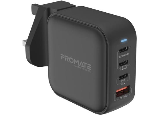 Promate GaNPort4-100PD USB-C Charger 100W GaN Technology Fast Dual Type-C Charger w/ 20W USB-C Port 18W QC 3.0 Port