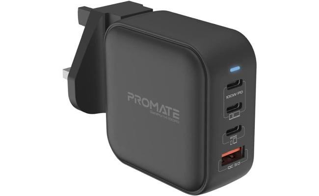Promate GaNPort4-100PD USB-C Charger 100W GaN Technology Fast Dual Type-C Charger w/ 20W USB-C Port 18W QC 3.0 Port