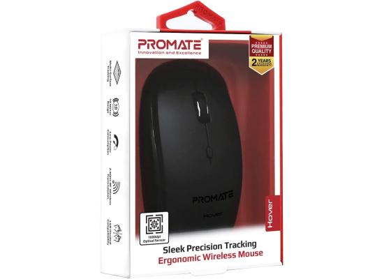 Promate Hover Wireless Mouse 2.4Ghz Ergonomic Precision Tracking Optical Mouse w/ USB Nano Receiver 3 Adjustable Dpi Levels - Black