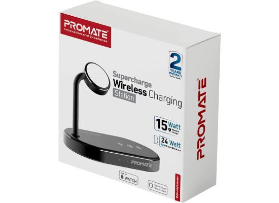 Promate WavePower Aluminum Wireless Charger Stand Multi-Device Charging w/ Qi-Certified 15W Fast Charging & 24W SuperCharge USB Port
