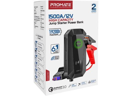 Promate Hexabolt 20 1500A/12V Car Jump Starter w/ 19200Mah Power Bank 10W Qi Charger Dual Qc 3.0 Ports - Black