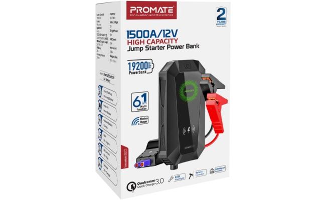 Promate Hexabolt 20 1500A/12V Car Jump Starter w/ 19200Mah Power Bank 10W Qi Charger Dual Qc 3.0 Ports - Black