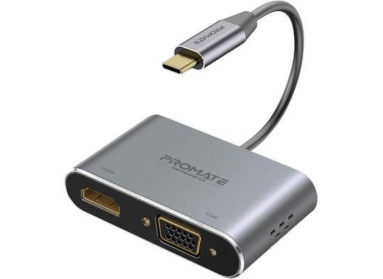 Promate MediaHub-C2 USB-C to VGA & HDMI Adapter Aluminium HDMI Converter 4K & 1080 VGA Dual Screen Display