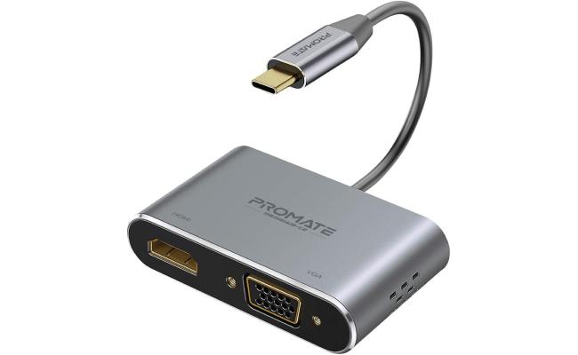 Promate MediaHub-C2 USB-C to VGA & HDMI Adapter Aluminium HDMI Converter 4K & 1080 VGA Dual Screen Display