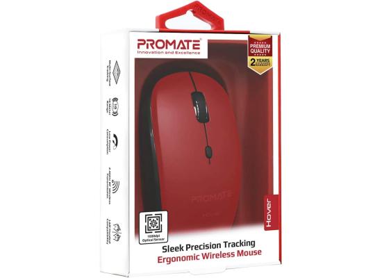 Promate Hover Wireless Mouse 2.4Ghz Ergonomic Precision Tracking Optical Mouse w/ USB Nano Receiver 3 Adjustable Dpi Levels - Red