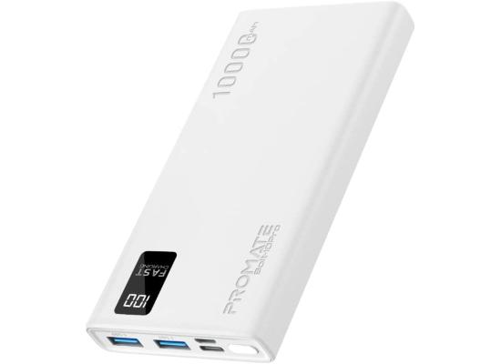 Promate Bolt-10Pro Power Bank 10000mAh Ultra-Slim 10W USB-C Input/Output Dual USB LED Screen Over-Heating Protection - White