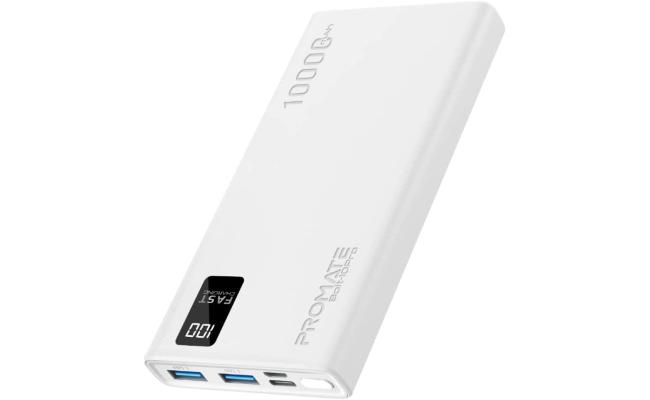 Promate Bolt-10Pro Power Bank 10000mAh Ultra-Slim 10W USB-C Input/Output Dual USB LED Screen Over-Heating Protection - White