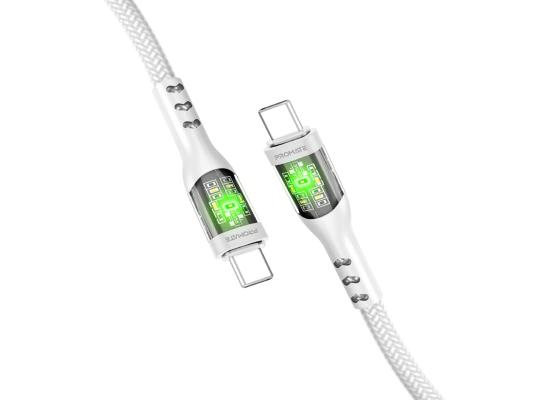 Promate TransLine-CC USB-C to USB-C Cable 60W Power Delivery Transparent Shells 120cm Nylon Braided Cord - White